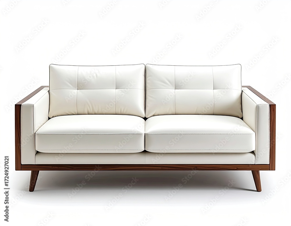 Obraz premium Off-white leather loveseat with dark wood frame, button-tufted cushions, mid-century modern style, shown against a white background