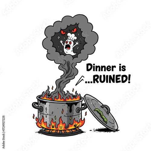 Burned cooking pot cartoon with smoke, Vector illustration of a burned cooking pot with smoke and angry face, funny cartoon design about kitchen disasters.