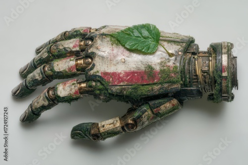 Wallpaper Mural Mechanical hand adorned with lush greenery represents the intersection of nature and technology in a thought-provoking and visually striking composition captured with clarity Torontodigital.ca
