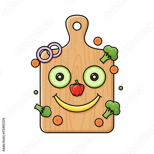 Cutting board with funny cartoon face made of vegetables, Vector cartoon illustration of a chopping board decorated with vegetables forming a face, creative design for cooking concepts.