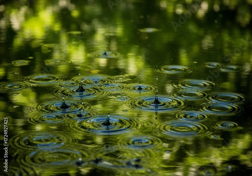 Water droplets forming circles on forest pond surface