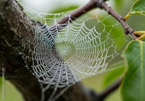 Spider web on a tree branch glistening with raindrops
