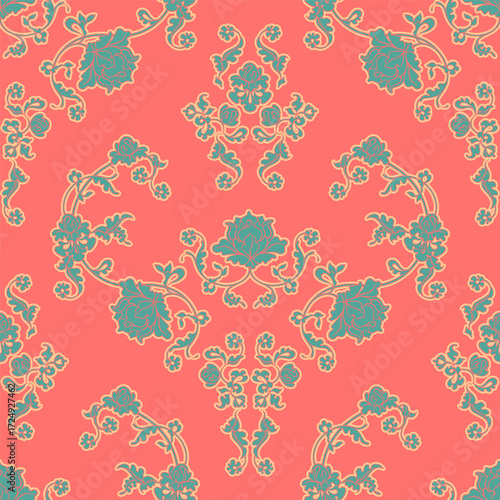 Elegant pink baroque floral pattern with decorative turquoise botanical details.