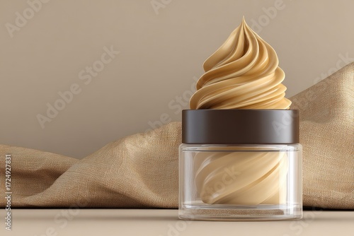 Creamy, light beige cosmetic product in a clear glass jar with a dark brown lid, topped with a swirl of whipped texture.  Beige backdrop and fabric
