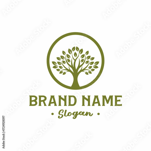 Green tree logo inside a circle with the brand name and slogan below, perfect for branding.
