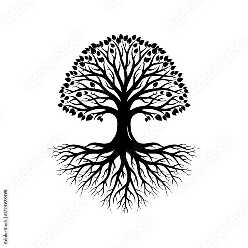 Mighty Tree Metaphorical Silhouette Roots Extending to Form a Stable Foundation Power Concept