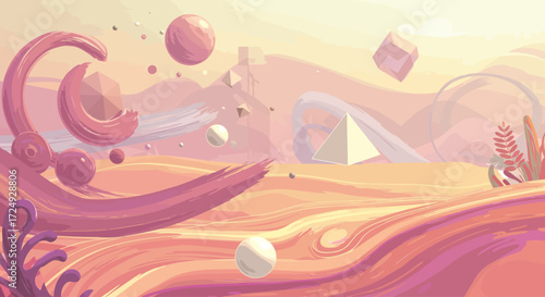 A vibrant digital illustration showcasing a fantastical landscape of floating geometric islands, where abstract 2D shapes seamlessly merge with minimalist 3D structures in an ethereal, dreamlike.