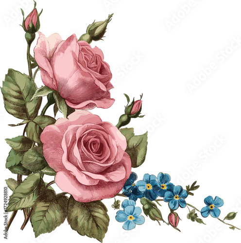 A bouquet of blue forget-me-nots and pink roses, a vintage-style corner decoration. Vector illustration