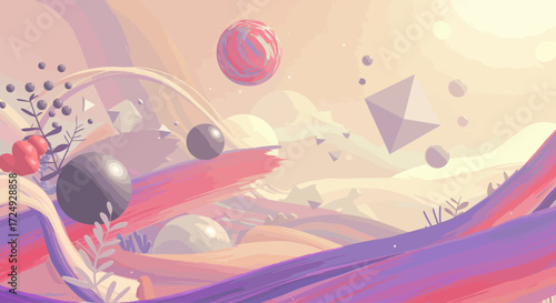 A vibrant digital illustration showcasing a fantastical landscape of floating geometric islands, where abstract 2D shapes seamlessly merge with minimalist 3D structures in an ethereal, dreamlike.