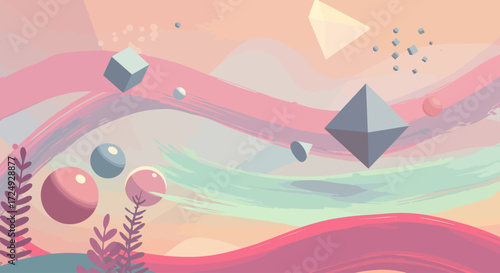 A vibrant digital illustration showcasing a fantastical landscape of floating geometric islands, where abstract 2D shapes seamlessly merge with minimalist 3D structures in an ethereal, dreamlike.
