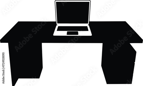 Sleek black and white workspace featuring modern laptop on desk, perfect for minimalist design projects and office themes