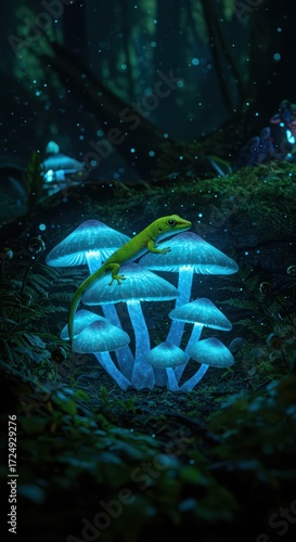 Green Lizard on Glowing  Mushrooms