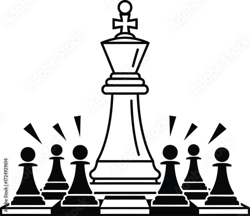 Chess king on the chessboard with chess pawn. chess board and chess pieces vector illustration icon