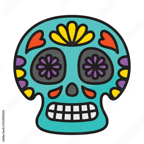 Stylized cyan skull with colorful floral and heart decorations
