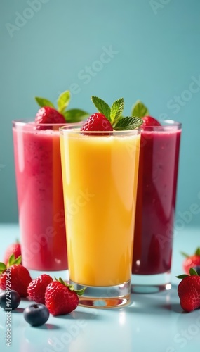 Three colorful smoothies, berry & mint garnish, bright background, website, sweet, blog