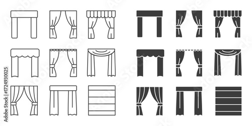 Collection of Curtain and Window Treatment Icons on Light Background Featuring Drapes, Valances, Swags, and Blinds in Outline and Solid Styles