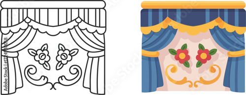 Open curtain vector illustration icon. Decorative colorful valance and curtain set with floral and scroll accents vector illustration  