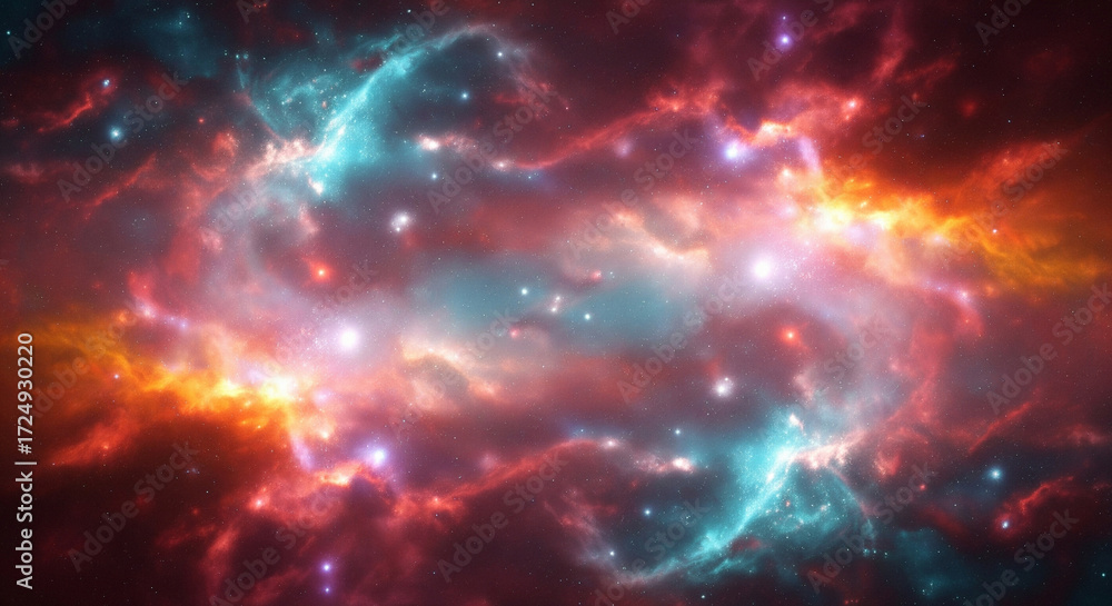 Fototapeta premium Deep space nebula with glowing red and blue gas and bright stars background