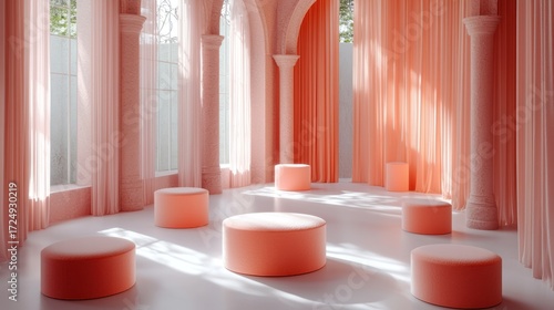 Soft peach interior with columns, arches, and cylindrical seating