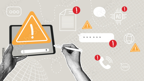 Trendy halftone collage.Digital threat alert modern technologies and information security. Concepts of data leaks, hacking attempts, malware risks, and online security.