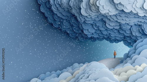 Seasonal depression. Person stands under whimsical, layered cloudscape with falling snow