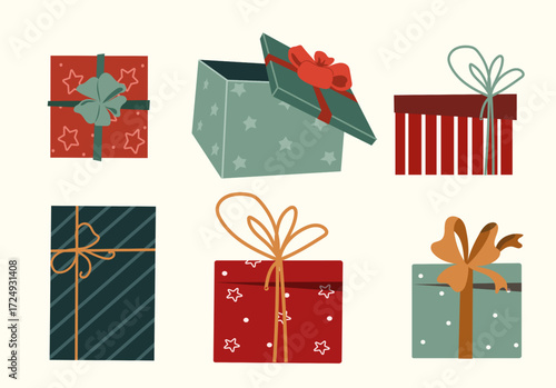 Six colorfully wrapped gift boxes, some with ribbons and bows, are arranged on a white surface. One box is open, hinting at the surprise inside.