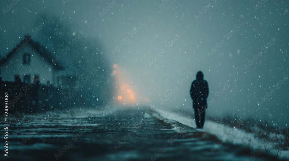 Naklejka premium Seasonal depression. Solitary figure walks along snowy path at dusk, with house in background and soft lights glowing through snowfall
