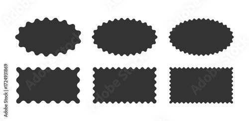 Wavy scallop edge frame set. Wave rectangle and oval geometric shape. Scalloped wiggle border. Squiggly clouds square stickers. Empty text boxes. Vector illustration isolated on white background.
