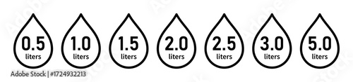 Water capacity icons set. Liquid volume symbol from 0.5 to 5.0 liters. Water drop line icon. Fluid volume. L sign. Scale for liquid or ingredient. Vector illustration isolated on white background.