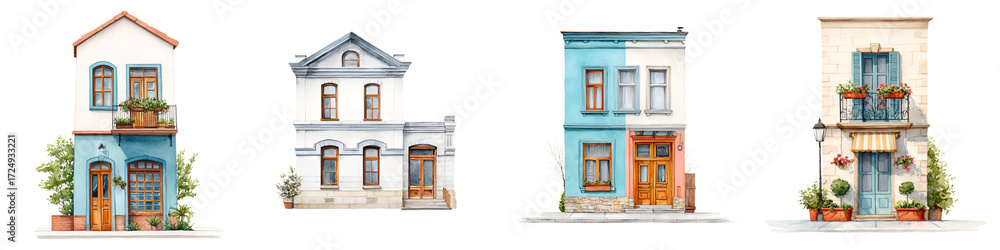 Fototapeta premium Watercolor Townhouse Collection, European Architecture