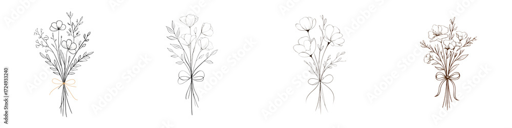 Fototapeta premium Elegant Floral Bouquet Sketches with Bows Collection