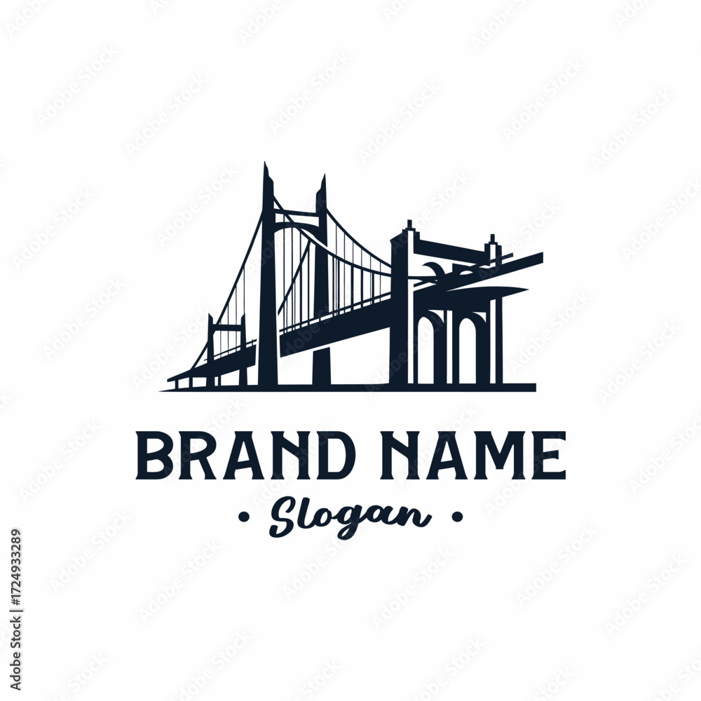 Obraz premium Dark blue silhouette logo design featuring a combination of a suspension bridge and a truss bridge with text below.