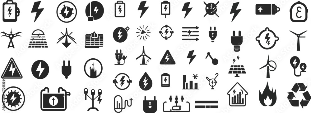 Fototapeta premium Electricity and Energy Icon Set | Battery, Power, Renewable Energy, Solar, Wind, Lightning Vector Symbols