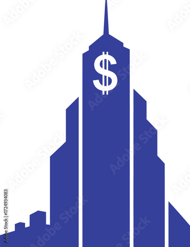 Modern financial skyscraper with dollar sign represents growth and success in business, banking and investment industry