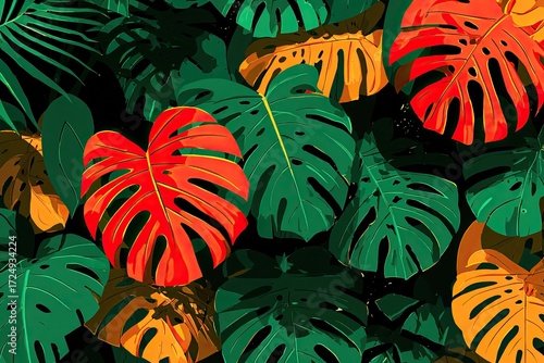 Vibrant tropical leaves in bold colors