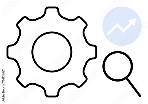 Gear symbolizing process, magnifying glass for research, and upward arrow graph for growth. Ideal for strategy, analytics, improvement, innovation, efficiency, productivity simple flat metaphor