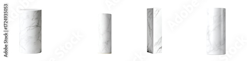 Marble Pedestal Stands Set, Cylinder Display Podium, Isolated on White, Product Mockup