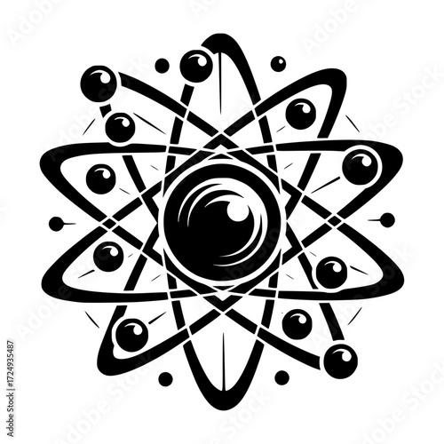Classic atom icon with orbiting black electrons black vector icon with transparent background 