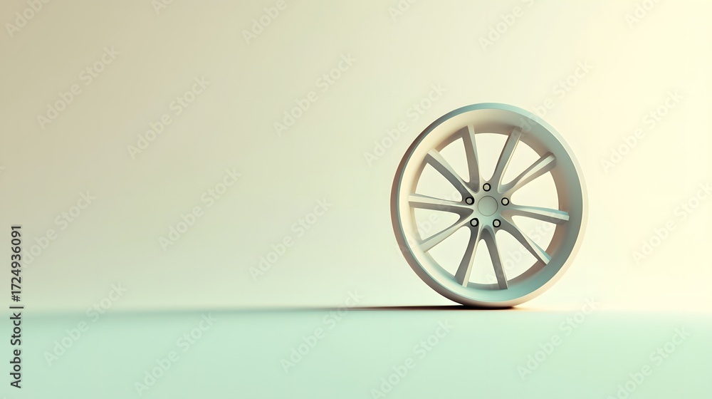 Fototapeta premium Contemporary Car Wheel with Black Tire and Multiple Spokes, Centered on Minimalist Backdrop