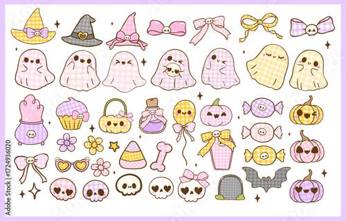 Coquette Girly Halloween Ghosts Spooky Cute Gingham with Bow Kawaii Cartoon Hand Drawn Collection