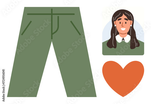 Green pants, illustrated woman in buttoned shirt, and orange heart icon. Ideal for fashion, personalization, eco-conscious living, self-expression, preferences, sustainable style simple flat