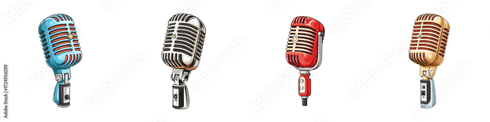 Fototapeta premium Vintage Microphone Collection: Retro Broadcasting and Music Icon Set