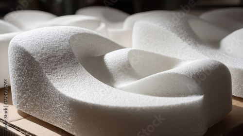 Curved white foam shapes arranged on a surface displaying smooth textures and interesting contours under natural light highlighting the details of the material.