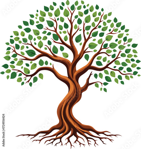 Tree of Life Vector Illustration: Thick Trunk, Spreading Branches, and Deep Roots Symbol