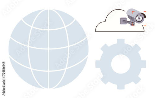 Globe, cloud with surveillance camera, and gear symbolizing global connectivity, cloud technology, and automated security. Ideal for technology, security, globalization, AI innovation IoT