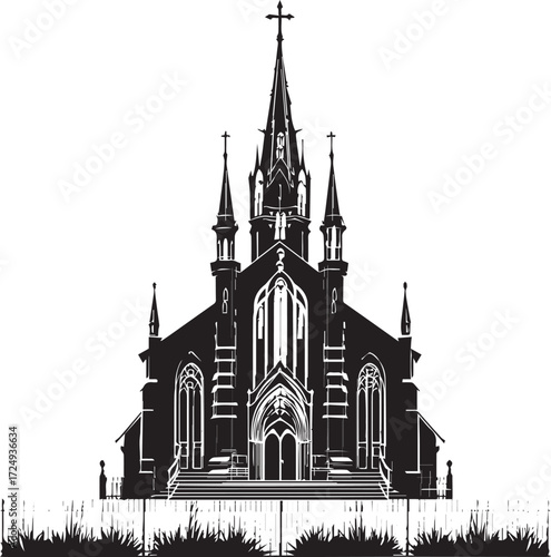 Print Gothic church with pointed spires and arched windows vector illustration for architecture and religion