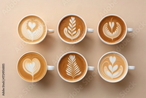 Top view of six latte art designs in white coffee cups arranged on a pastel background for barista training or cafe menu.