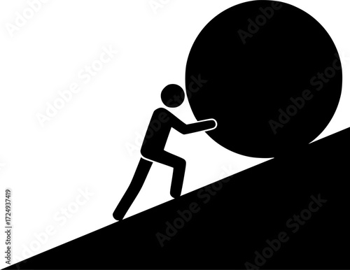a figure pushing a large ball up a hill, simple black and white design, vector illustration