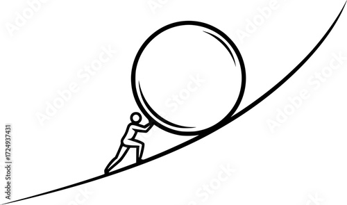 a figure pushing a large ball up a hill, simple black and white design, vector illustration