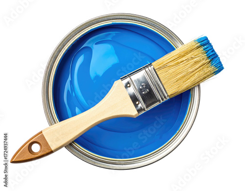 Overhead view of a can of vibrant blue paint with a paintbrush